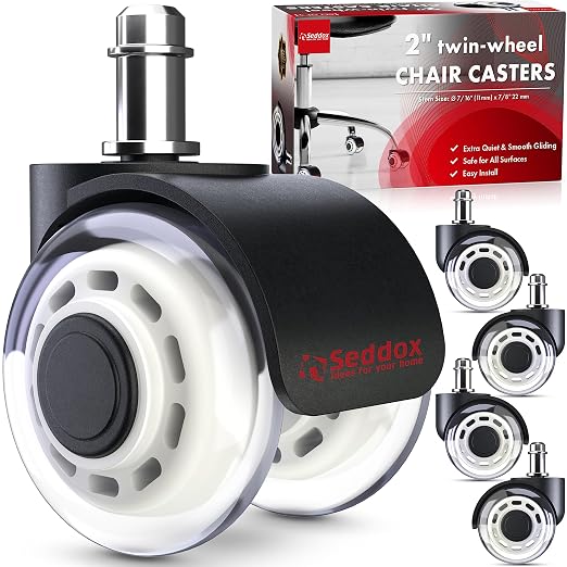 Office Chair Wheels Replacement Set of 5 - Dual 2 Inch Soft Chair Casters for Hardwood Vinyl Tile - Heavy Duty & Safe for All Floors - Fits 98% of Computer Gaming & Office Chairs - White by Seddox