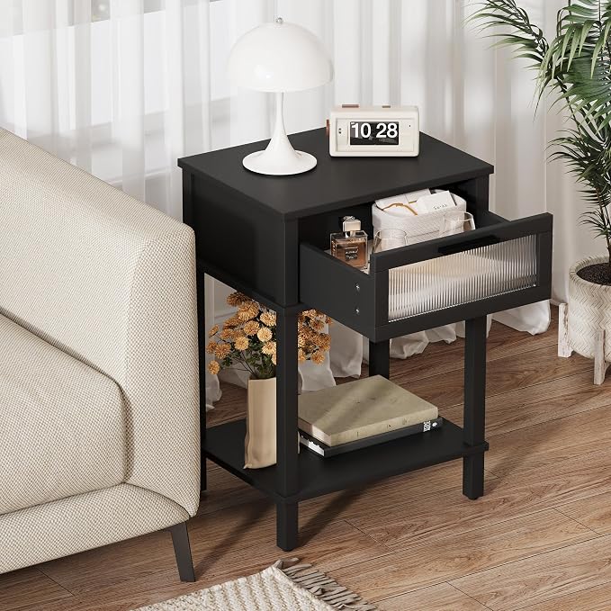 Nightstand Wooden Bedside Table with Drawer Black Night Stands Modern Style Small End Table Side Table with Storage Shelf for Bedroom Living Room MLBZ10B - Image 6