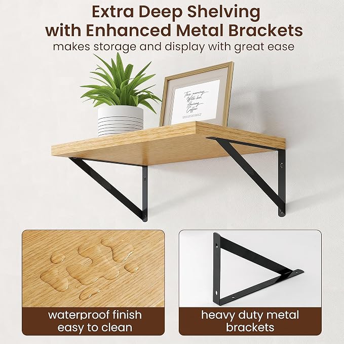 Axeman Deep Floating Shelves, 18'' x 12'' Oak Wall Shelves Set of 2 - Image 5