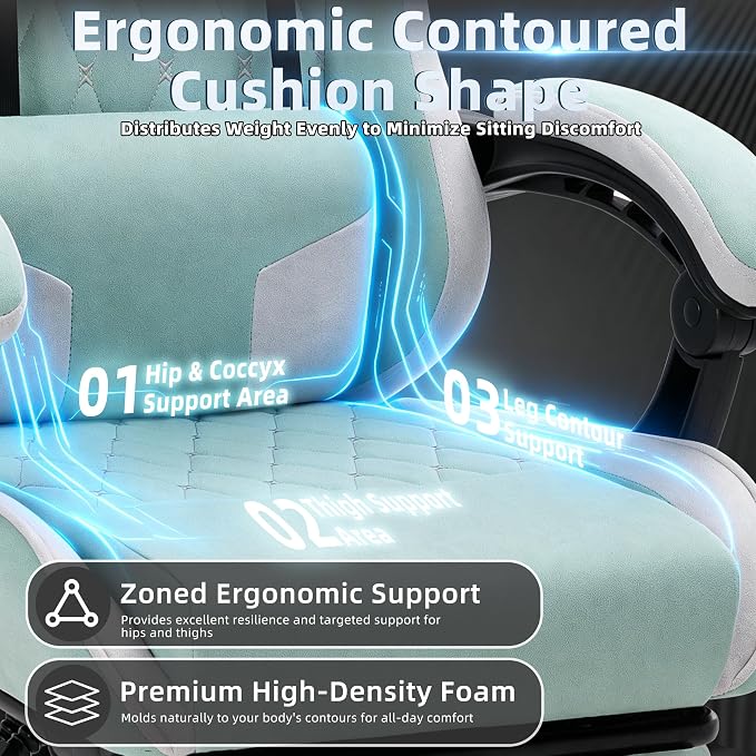 Gaming Chair for Adults, Fabric Gaming Chair with Footrest and Pocket Spring Cushion, Ergonomic Gamer Chair with Lumbar Support, Reclining Computer Gaming Chair with High Back, Light Green - Image 4