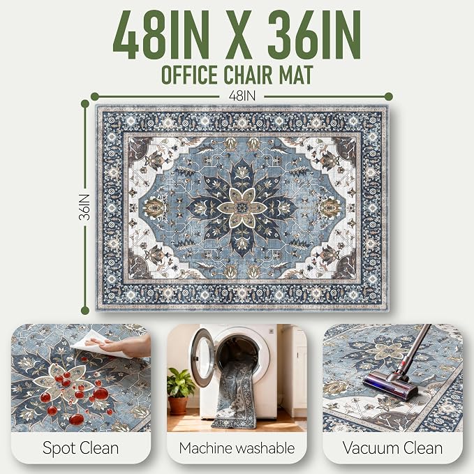 36"x48" Office Chair Mat for Hardwood, Under Desk Chair Mat for Home Office, Anti-Slip Office Rugs for Rolling Chairs, Floor Protector Washable Rugs Blue - Image 5