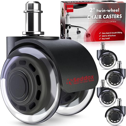 Office Chair Wheels Replacement Set of 5 - Dual 2 Inch Soft Chair Casters for Hardwood Vinyl Tile - Heavy Duty & Safe for All Floors - Fits 98% of Computer Gaming & Office Chairs - Black by Seddox