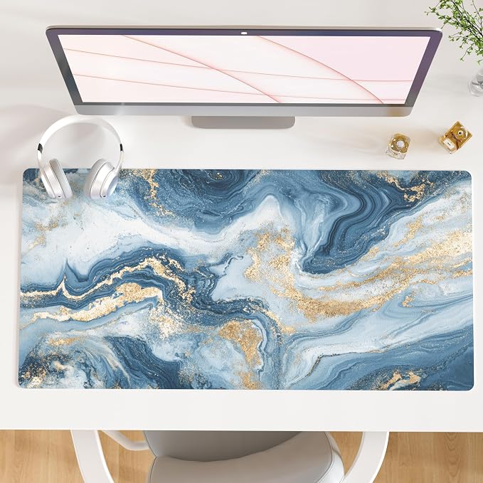QiyI PU Leather Large Mouse Pad, 31.5" x 15.7", Blue White Marble | Desk Décor Accessories, Extended Size, Waterproof & Easy to Clean, Smooth Surface, Non Slip Desk Organization by QIYI