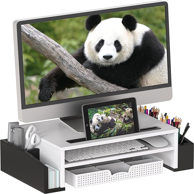 Simple Houseware Desk Monitor Stand Riser w/ Adjustable Tray, Black/White | Built-In Tablet Slot and Side Storage by SimpleHouseware