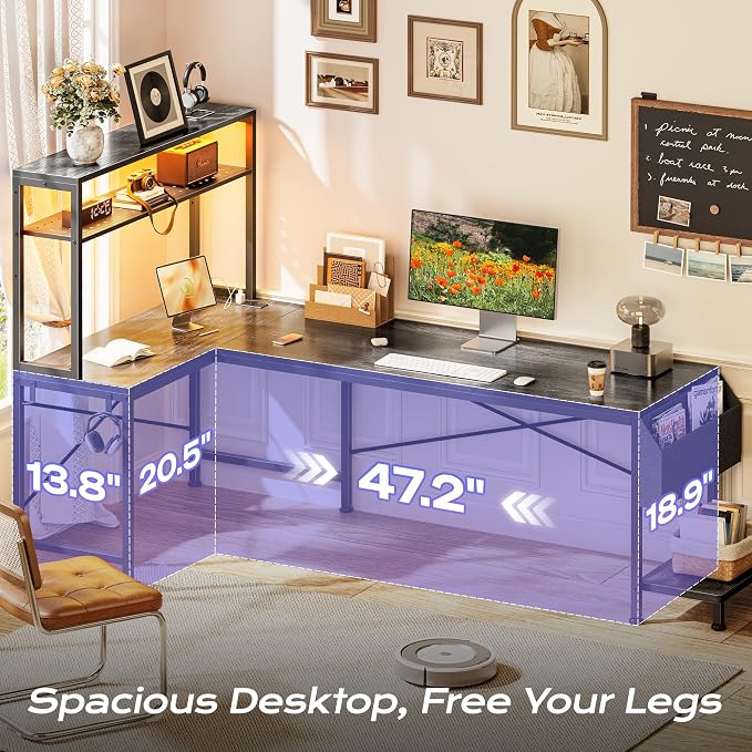 PRAISUN L Shaped Gaming Desk with LED Lights & Power Outlets | Reversible Computer Desk with Storage Shelves & Bag, Large Corner Home Office Desk with Pegboard for Work from Home, Grey - Image 5