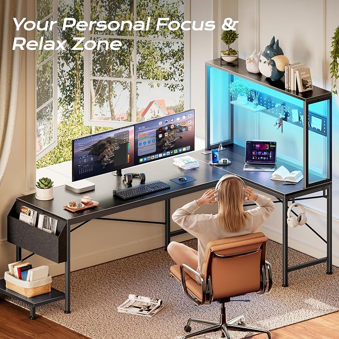 PRAISUN L Shaped Gaming Desk with LED Lights & Power Outlets | Reversible Computer Desk with Storage Shelves & Bag, Large Corner Home Office Desk with Pegboard for Work from Home, Black - Image 6
