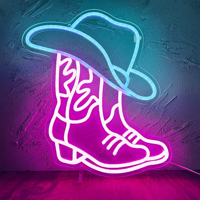 Cowboy Boot and Hat LED Neon Sign,Western Country Wall Decor for Bar, Man Cave, Garage,Pink White Aesthetic Rodeo Neon Light, Unique Christmas Birthday Gifts(13x15 in) by Manimo