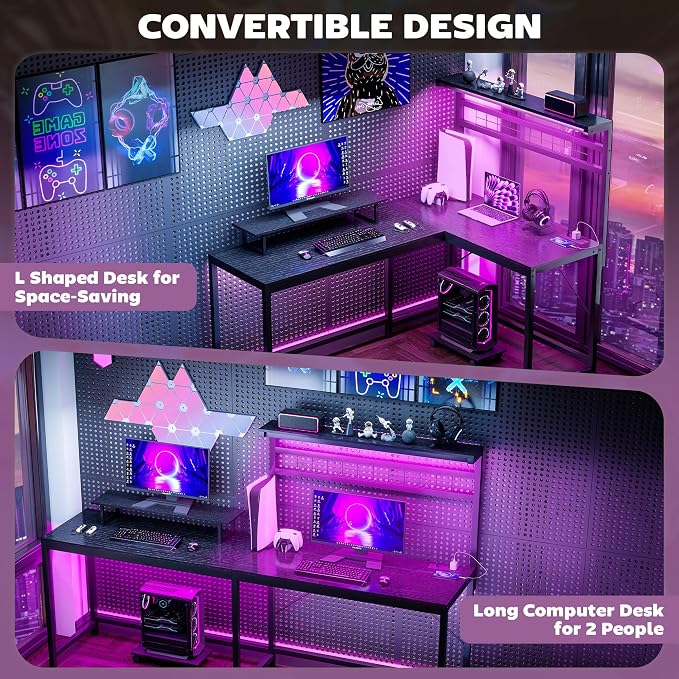 HOMCOM Gaming Desk 62" 2 Person L Shaped Desk, Power Outlets, LED, Black - Image 6