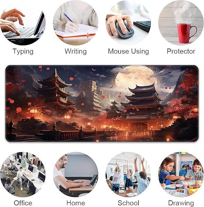 Japanese Desk Mat, XL 31.5"x11.8" Large Mouse Pad, Full Moon Extended Gaming Mouse Mat,Non-Slip Rubber Base Waterproof with Stitched Edges for Gaming Office Home Decor - Image 6