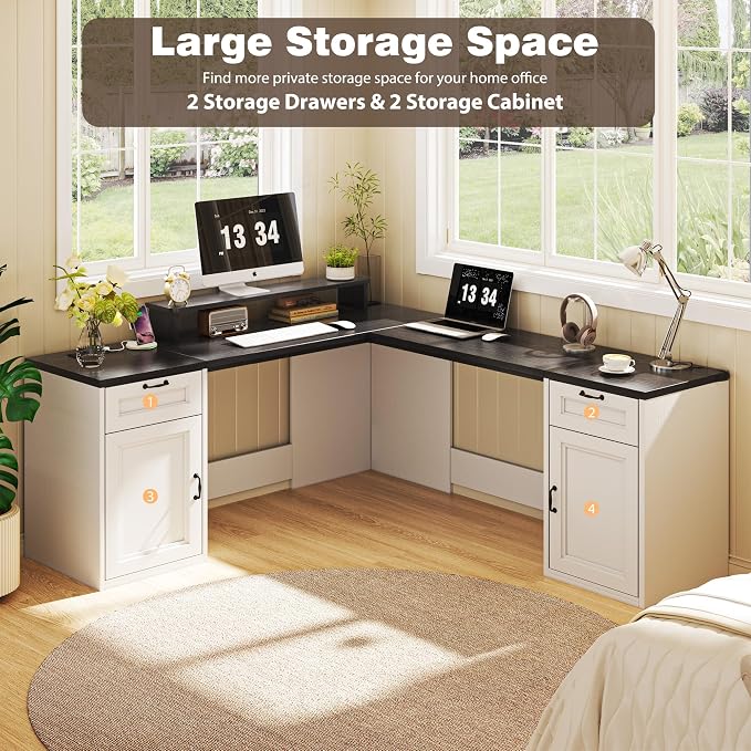 HUAHUU 78" Farmhouse L Shaped Executive Desk with Drawers, Modern Computer Desk with Power Outlets, Office Writing Desk with Monitor Stand & Storage Cabinet, Printer Shelf, Antique White - Image 3