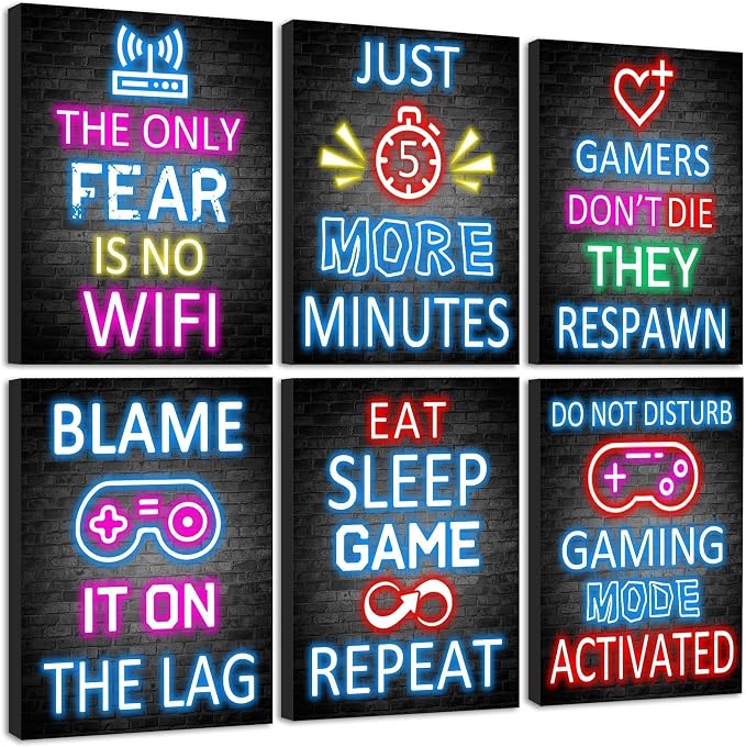 KUVIOKE Video Gamer Room Neon Decor for Teen Boys Gaming Wall Art Gamer Signs Teenage Bedroom Decor Set of 6, 8x10in (Framed) - Image 9