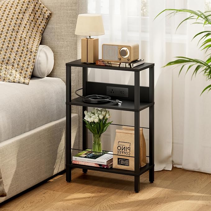 Narrow Nightstand with Charging Station, Small Black Side Table with Outlet by DGSANDGPuttheCustomerFirst