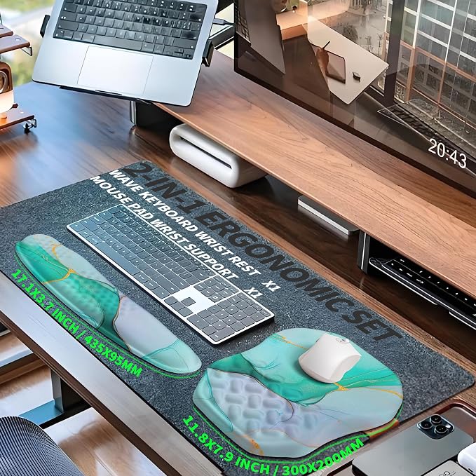 2-in-1 Ergonomic Set, Wave Keyboard Wrist Rest and Massage Slope Mouse Pad Wrist Support, Rebound Memory Foam for Relieve Carpal Tunnel Syndrome and Wrist Pain (Green Gold Marble) - Image 5