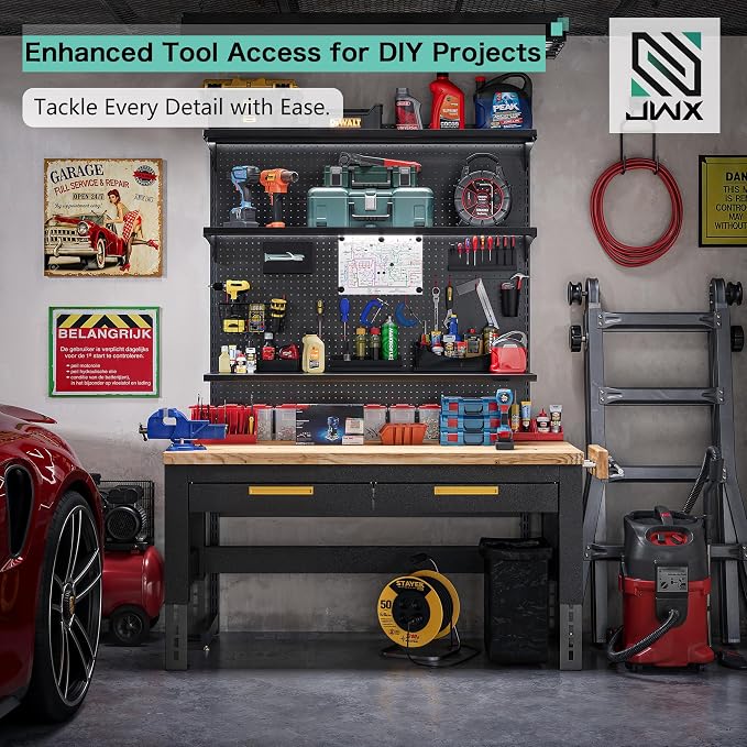 JWX DDB Freestanding Pegboard Shelf, 210 lb Capacity, 30 x 74 Inch, Black | Powder-coated metal with 3 adjustable shelves, 70 lb each, and 15 accessories for gaming setups, home offices and garages - Image 7