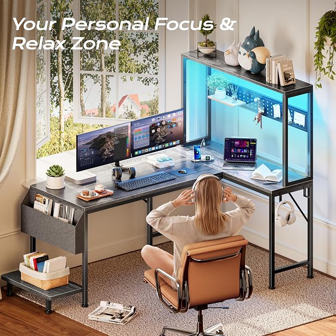 PRAISUN L Shaped Gaming Desk with LED Lights & Power Outlets | Reversible Computer Desk with Storage Shelves & Bag, Large Corner Home Office Desk with Pegboard for Work from Home, Grey - Image 6
