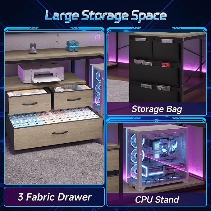 busyeah U-Shaped Gaming Desk with Storage Shelves & 3 Drawers, Oak Gray | Reversible Computer Desk with LED Lights & Charging Station, Gaming Desk with Hutch and Pegboard for Home Office, Gamers - Image 4
