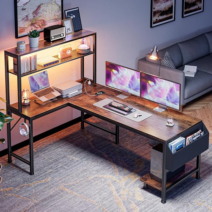 PRAISUN L Shaped Gaming Desk with LED Lights & Power Outlets | Reversible Computer Desk with Storage Shelves & Bag, Large Corner Home Office Desk for Work from Home, Rustic Brown - Image 7