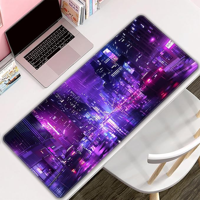Cyberpunk Desk Mat, XXL 35.4"x15.7" Large Mouse Pad, Japanese Streets Extended Gaming Mouse Mat,Non-Slip Rubber Base Waterproof with Stitched Edges for Gaming Office Home Decor - Image 8
