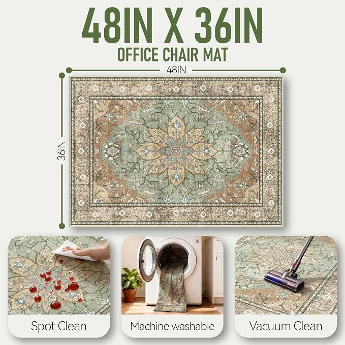 36"x48" Office Chair Mat for Hardwood, Under Desk Chair Mat for Home Office, Anti-Slip Office Rugs for Rolling Chairs, Floor Protector Washable Rugs Olive Green - Image 5