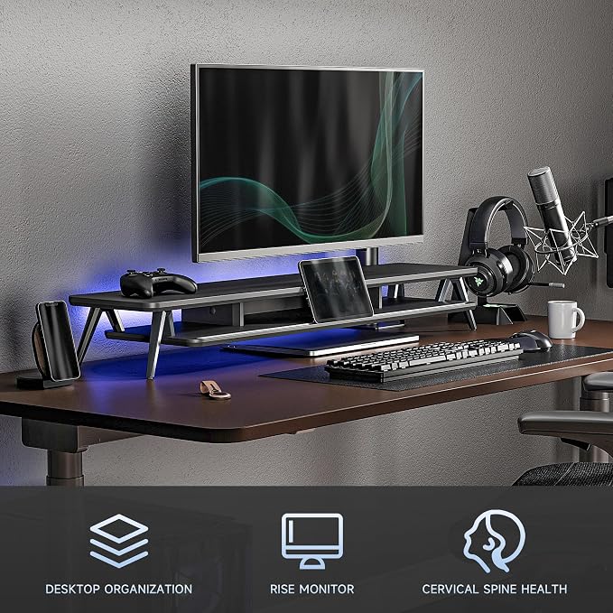 Fenge Dual Monitor Stand Riser, Wooden Desk Shelf with 2-Tier Storage | 42.5-Inch Wide, Sturdy Aluminum Legs, Built-In Phone & Tablet Slot, Desktop Organizer for Office Accessories - Image 5