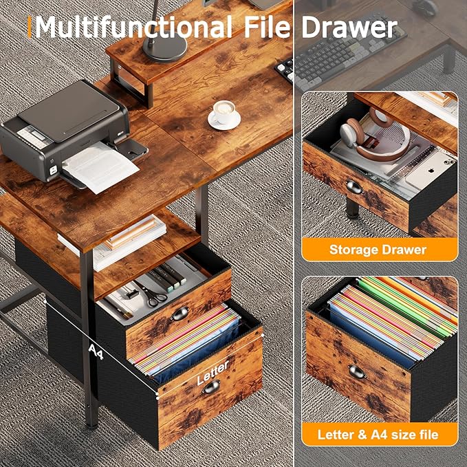 Furologee 66” L Shaped Desk with Power Outlet, Reversible Home Office Desk with File Drawer, 2 Monitor Stands, Storage Shelves, Corner Computer Table for Gaming, Writing, Rustic Brown - Image 6