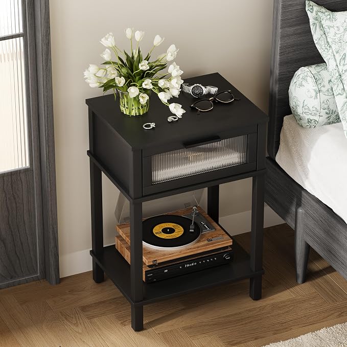 Nightstand Wooden Bedside Table with Drawer Black Night Stands Modern Style Small End Table Side Table with Storage Shelf for Bedroom Living Room MLBZ10B - Image 7