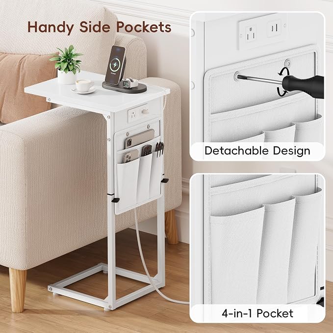 Vagusicc C Shaped End Table with Charging Station, Adjustable Height Side Table for Couch, Small Sofa Table for Small Spaces, Slide Under Sofa Table TV Tray Arm Tables for Living Room, Bedroom, White - Image 6