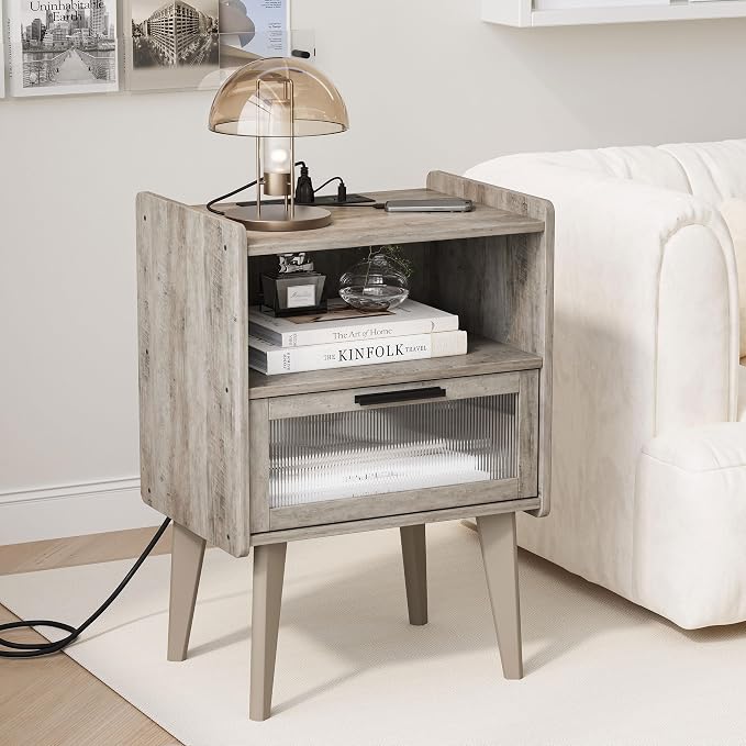 MMEOLUOOK Nightstand with Charging Station, Bedside Tables Oak Grey End Table Side Table with 2 Tiers Storage Space, for Bedroom Living Room MLBZ07GE - Image 4