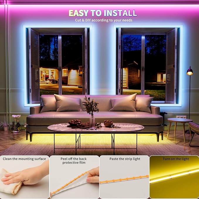 PAUTIX 5V USB COB RGB LED Strip Light 4.92ft/1.5m Color Changing Light Strips,TV Backlight Multicolor Flexible Under Cabinet Tape Lights with Bluetooth Control for Bedroom,Kitchen,Home DIY Lighting - Image 7