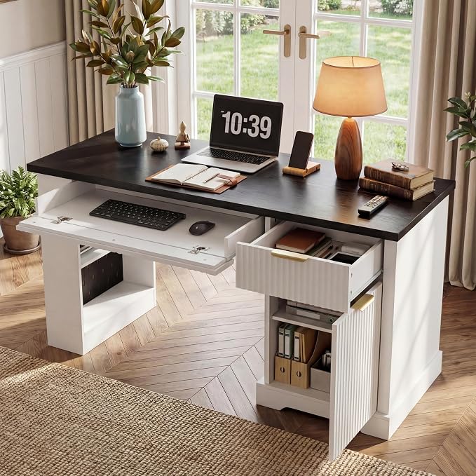 55" Fluted Gaming Desk Pegboard Cabinet Drawers Outlet, White | Home Office | Bedroom Living Room Teen Desk | Nail Tech Manicure | Vanity Hutch | Bookcase Corner by Unknown