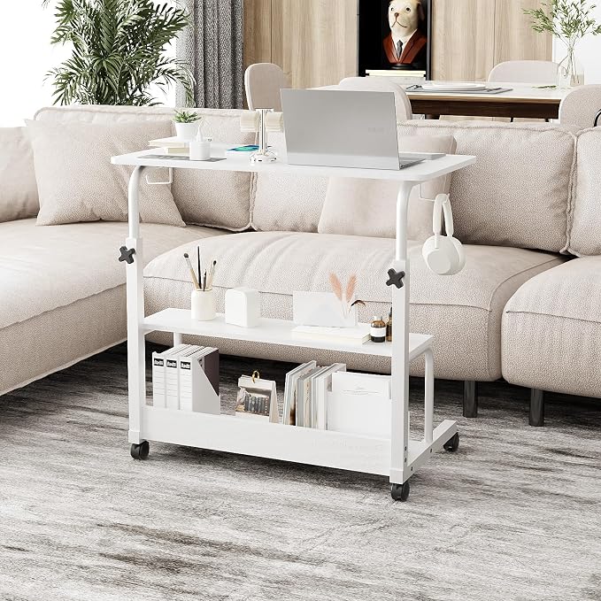 FCH 31.5" Mobile Small Standing Desk, Adjustable Height Mobile Computer Desk, w/2 AC Outlets + 3 USB Ports & Hooks, Storage Shelves, Suitable for Gaming, Studying, Home Office, White - Image 2