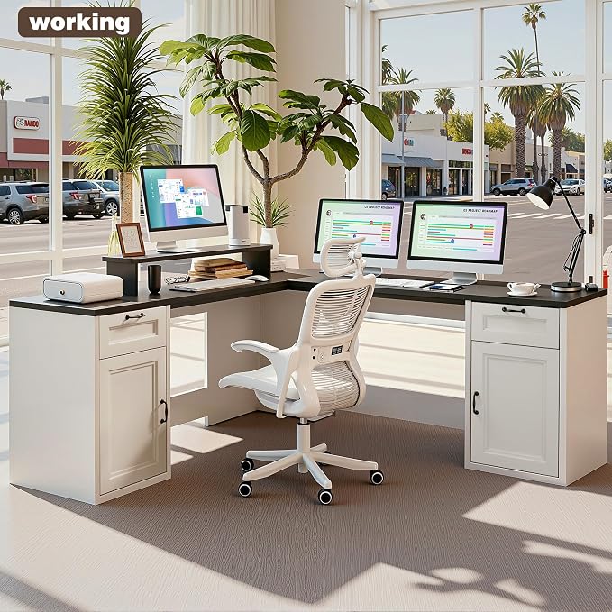 HUAHUU 78" Farmhouse L Shaped Executive Desk with Drawers, Modern Computer Desk with Power Outlets, Office Writing Desk with Monitor Stand & Storage Cabinet, Printer Shelf, Antique White - Image 7