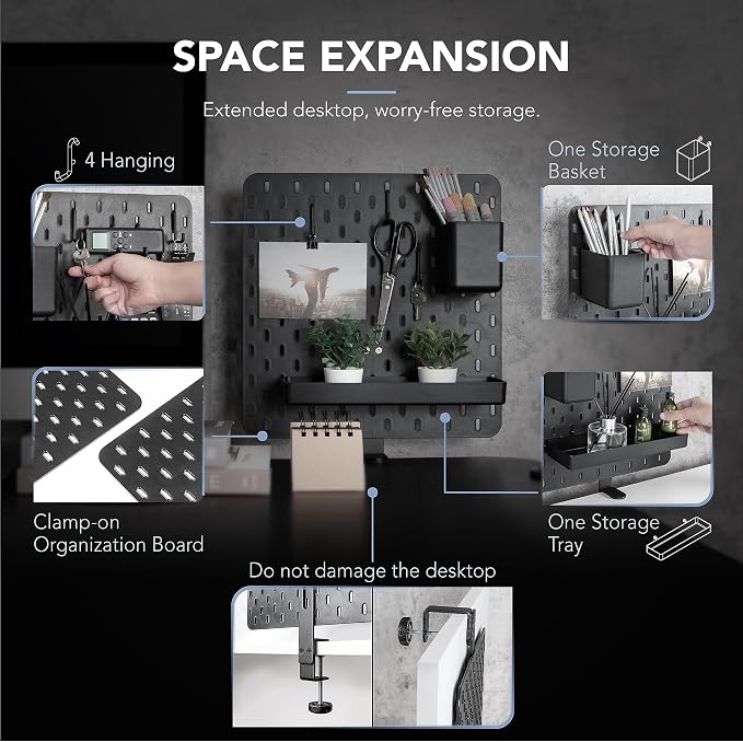 EHO Clamp-On Desk Pegboard, 13.5 x 14 inch Privacy Divider, Desk Partition Panel, No-Drill Desk Mounted Organizer, Combination Peg Board for Office, Gaming, Home, Plants, Black - Image 3