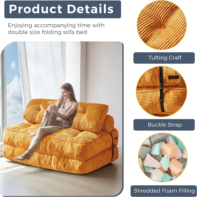 MAXYOYO Folding Sofa Bed, Convertible Chair Bed with Pillow | Foldable Couch with Back Support, Portable Fold Out Chair Comfy Floor Sofa for Living Room Bedroom, Orange, Double - Image 5