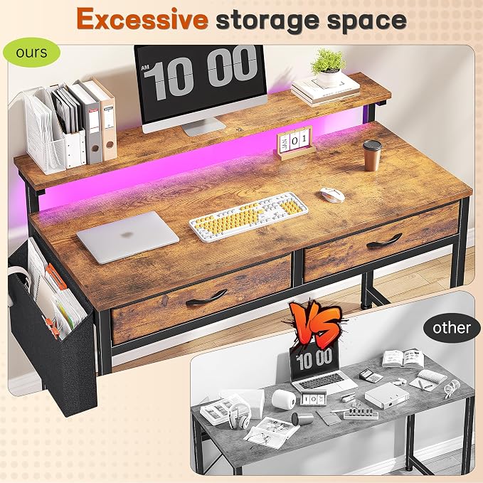 Gaming Desk with LED Lights & 2 Fabric Drawers, 39.4Inch Home Office Computer Desk with Side Pocket & Ergonomic Monitor Stand, Small Space Study Writing Table with Anti-Tip Design, Rustic Brown - Image 7