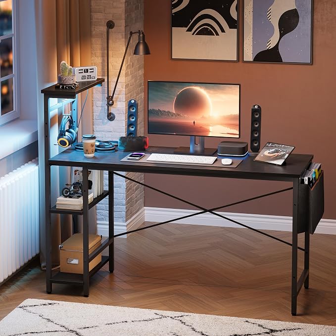 Bestier Gaming Desk with LED Lights, 51.3 Inch Computer Desk with 4 Tiers Reversible Shelves, Home Office Writing Desk with Side Storage Bag, Hooks and Height Adjustable Shelf (Black Grained) - Image 7