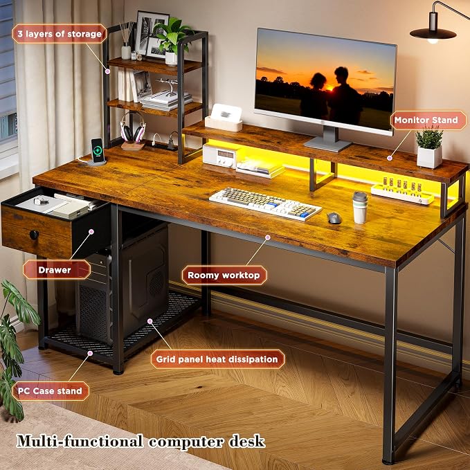 EnHomee 44" Small Computer Desk with Hutch & Shelves for Teen Gamer,Brown - Image 8