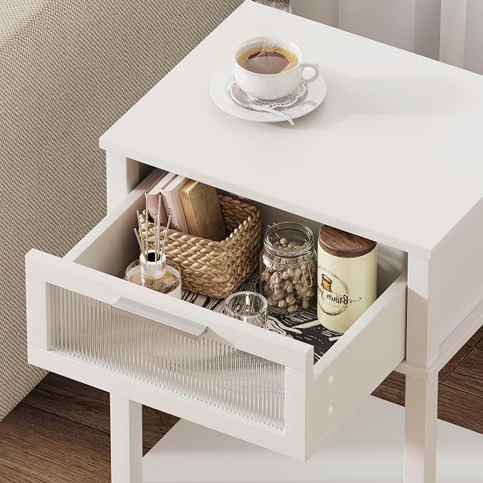Nightstand Wooden Bedside Table with Drawer White Night Stands Modern Style Small End Table Side Table with Storage Shelf for Bedroom Living Room MLBZ10W - Image 8