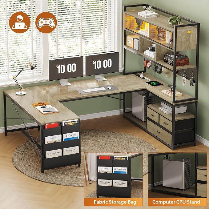 Dnxao U-Shaped Corner Gaming Desk with 3 Drawers and Pegboard, Oak Gray | 65" Reversible Computer Desk with Power Outlets and LED Lights, Storage Shelves Workstation with Pegboard for Gamers - Image 5