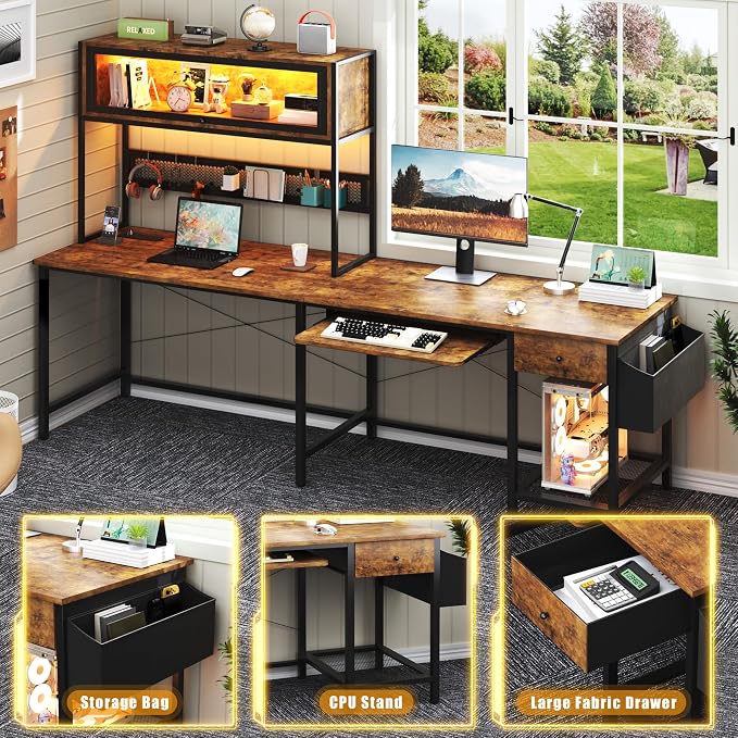 L Shaped Gaming Desk with Power Outlets & LED Lights, 49'' Reversible Computer Desk with Hutch & Pegboard & Display Cabinet, Corner Home Office Desk with Drawer & Keyboard Tray & Storage Bag, Rustic - Image 8