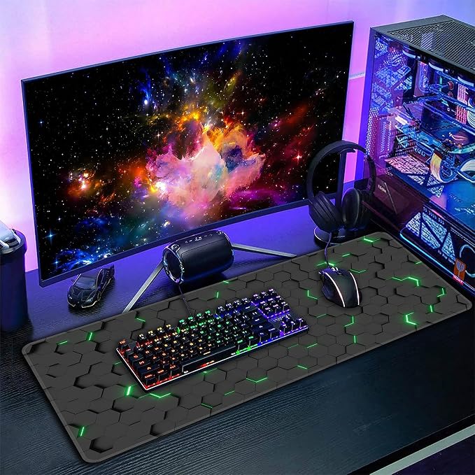 Green Hexagon Honeycomb Desk Mat, XXL 35.4"x15.7" Large Mouse Pad, Geometric Extended Gaming Mouse Mat,Non-Slip Rubber Base Waterproof with Stitched Edges for Gaming Office Home Decor - Image 7