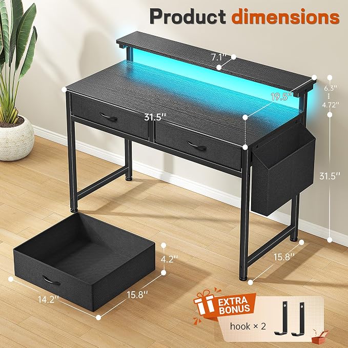 DurayLoly 31Inch Office Computer Desk with LED Lights & 2 Fabric Drawers, Gaming Desk with Side Pocket & Ergonomic Monitor Stand, Small Space Study Writing Table with Anti-Tip Design,Black - Image 2