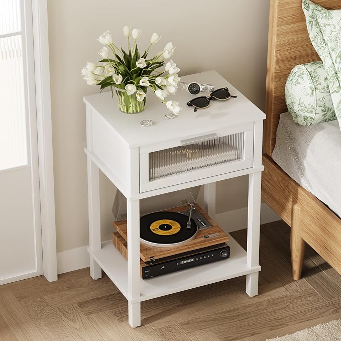 Nightstand Wooden Bedside Table with Drawer White Night Stands Modern Style Small End Table Side Table with Storage Shelf for Bedroom Living Room MLBZ10W - Image 7