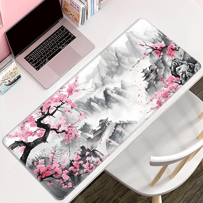 Japanese Watercolor Cherry Blossoms Desk Mat, XL 31.5"x11.8" Large Mouse Pad, Pink Sakura Extended Gaming Mouse Mat,Non-Slip Rubber Base Waterproof with Stitched Edges for Gaming Office Home Decor - Image 8