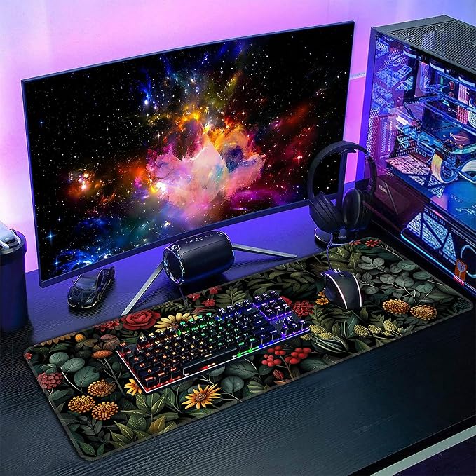Floral Plant Desk Mat, XL 31.5"x11.8" Large Mouse Pad, Dark Flower Extended Gaming Mouse Mat,Non-Slip Rubber Base Waterproof with Stitched Edges for Gaming Office Home Decor - Image 7
