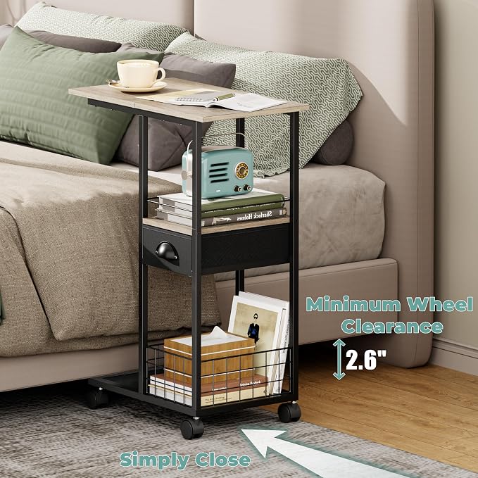 Rolling C Shaped Side Table with Storage Drawer, Ivory Portable Desk on Wheels, Bedside Table for Sofa Couch & Bed, Small Overbed Laptop Desk, Mobile Coffee End Table for Bedroom Living Room Dorm - Image 6