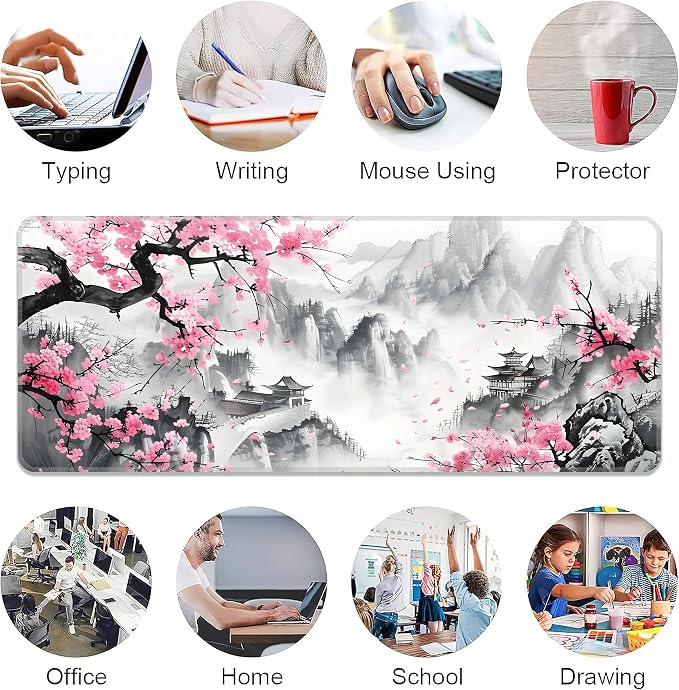 Japanese Watercolor Cherry Blossoms Desk Mat, XL 31.5"x11.8" Large Mouse Pad, Pink Sakura Extended Gaming Mouse Mat,Non-Slip Rubber Base Waterproof with Stitched Edges for Gaming Office Home Decor - Image 6