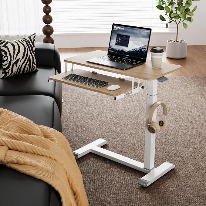 ETHU Height Adjustable Mobile Overbed Table with Keyboard Tray, Oak - Image 5