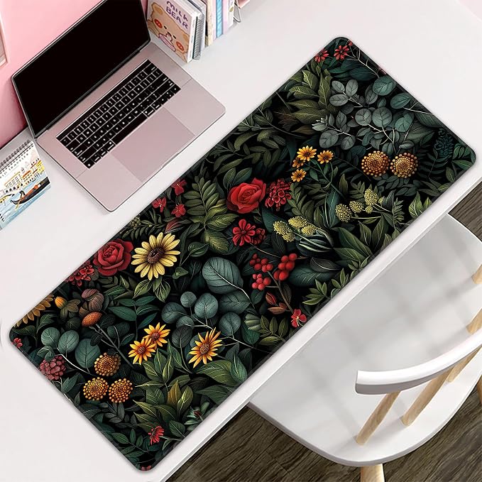 Floral Plant Desk Mat, XXL 35.4"x15.7" Large Mouse Pad, Dark Flower Extended Gaming Mouse Mat,Non-Slip Rubber Base Waterproof with Stitched Edges for Gaming Office Home Decor - Image 8