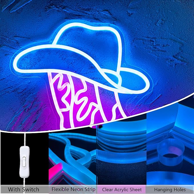 Cowboy Boot and Hat LED Neon Sign,Western Country Wall Decor for Bar, Man Cave, Garage,Pink White Aesthetic Rodeo Neon Light, Unique Christmas Birthday Gifts(13x15 in) - Image 4